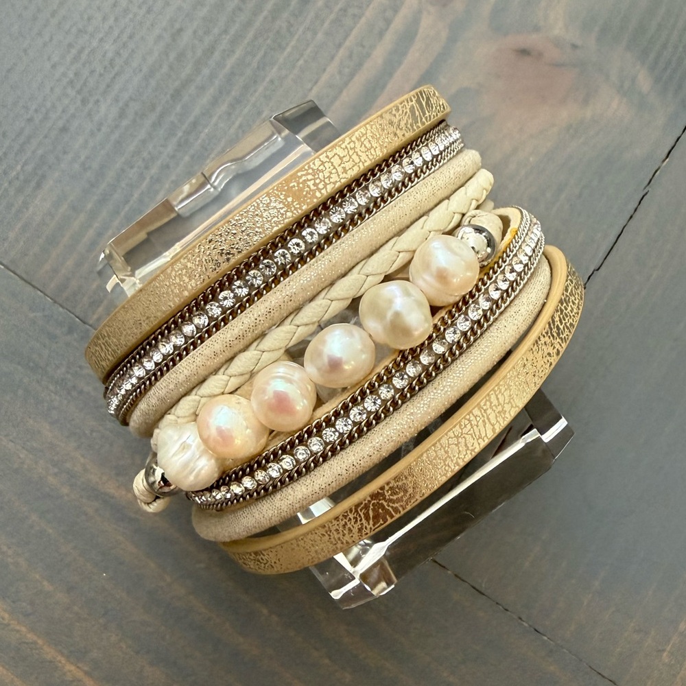 Gold and Cream Leather Bracelet